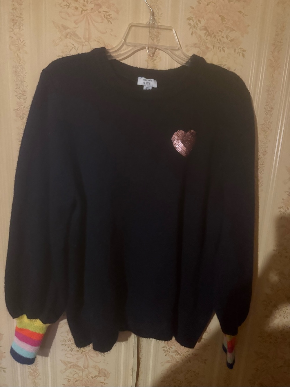 crown & ivy Black Crewneck Sweater with Sequin Pink Heart and Rainbow Cuffs